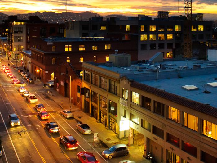 SoMa at sundown with lighted buildings