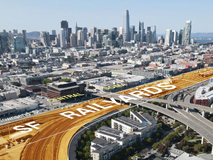 Aerial view overlooking railyards at 4th and King Streets